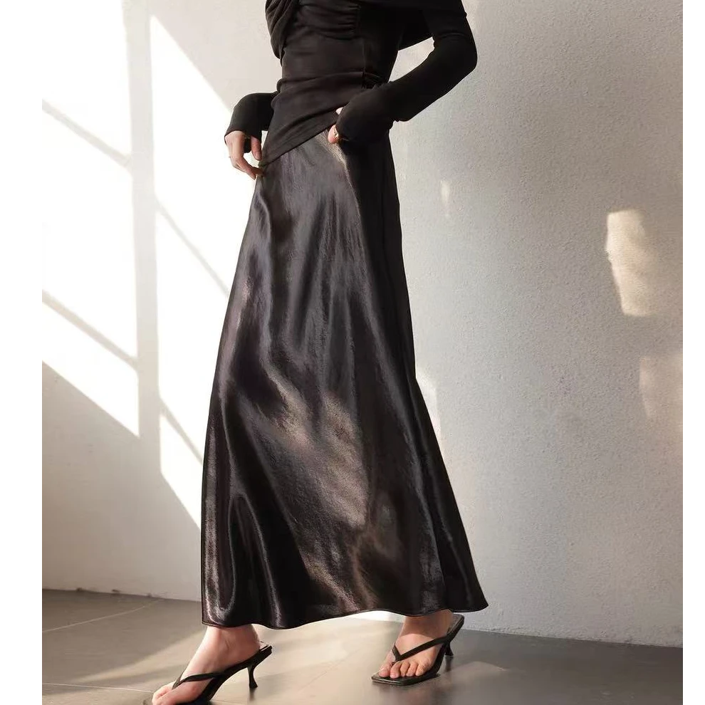 【松紧腰+拉链+侧开叉】春夏半身裙女新款中长款珠光缎显瘦女装裙