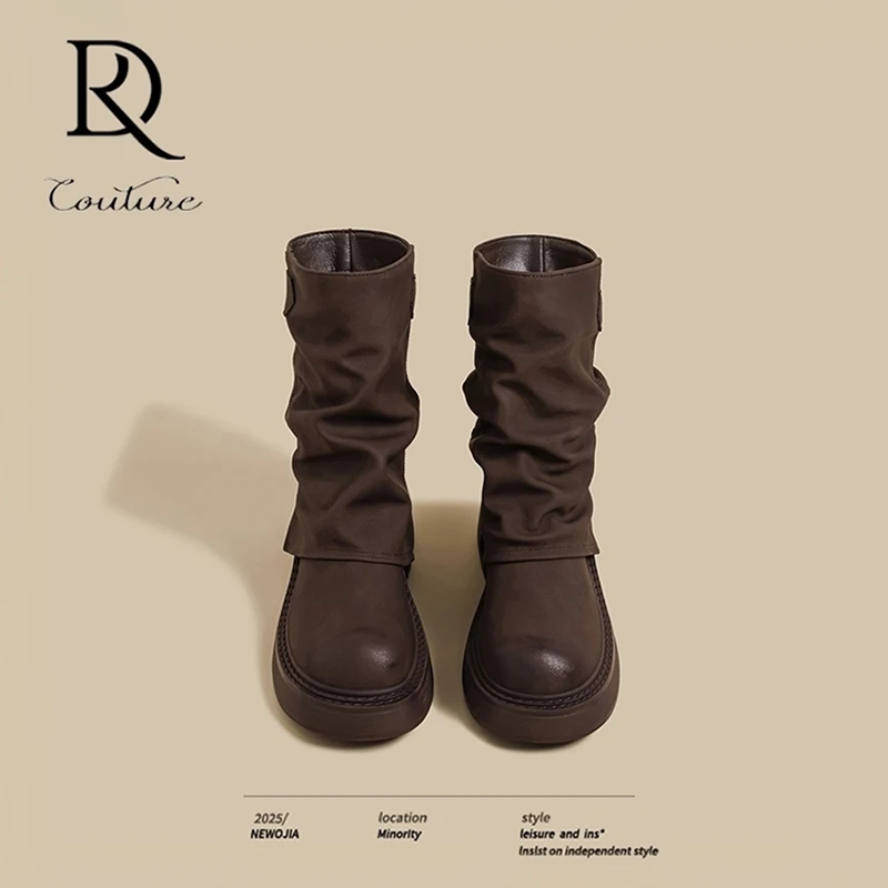 【DR官方正品】秋冬通勤~马丁靴女2025秋季厚底短筒复古棕色西部堆