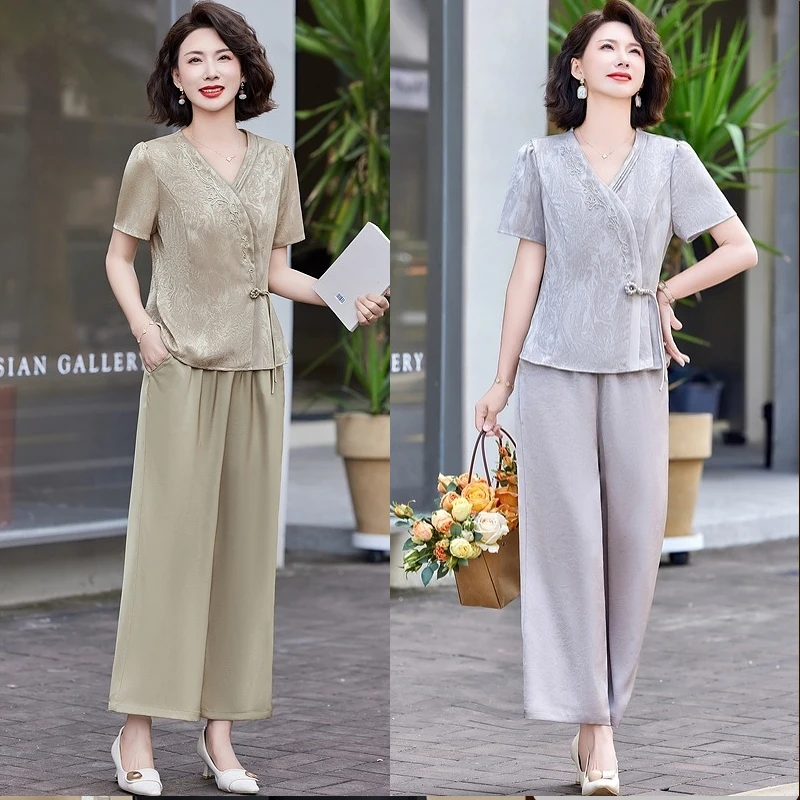 妈妈装夏季新款洋气短袖两件套40-50岁中老年女装时尚上档次套装