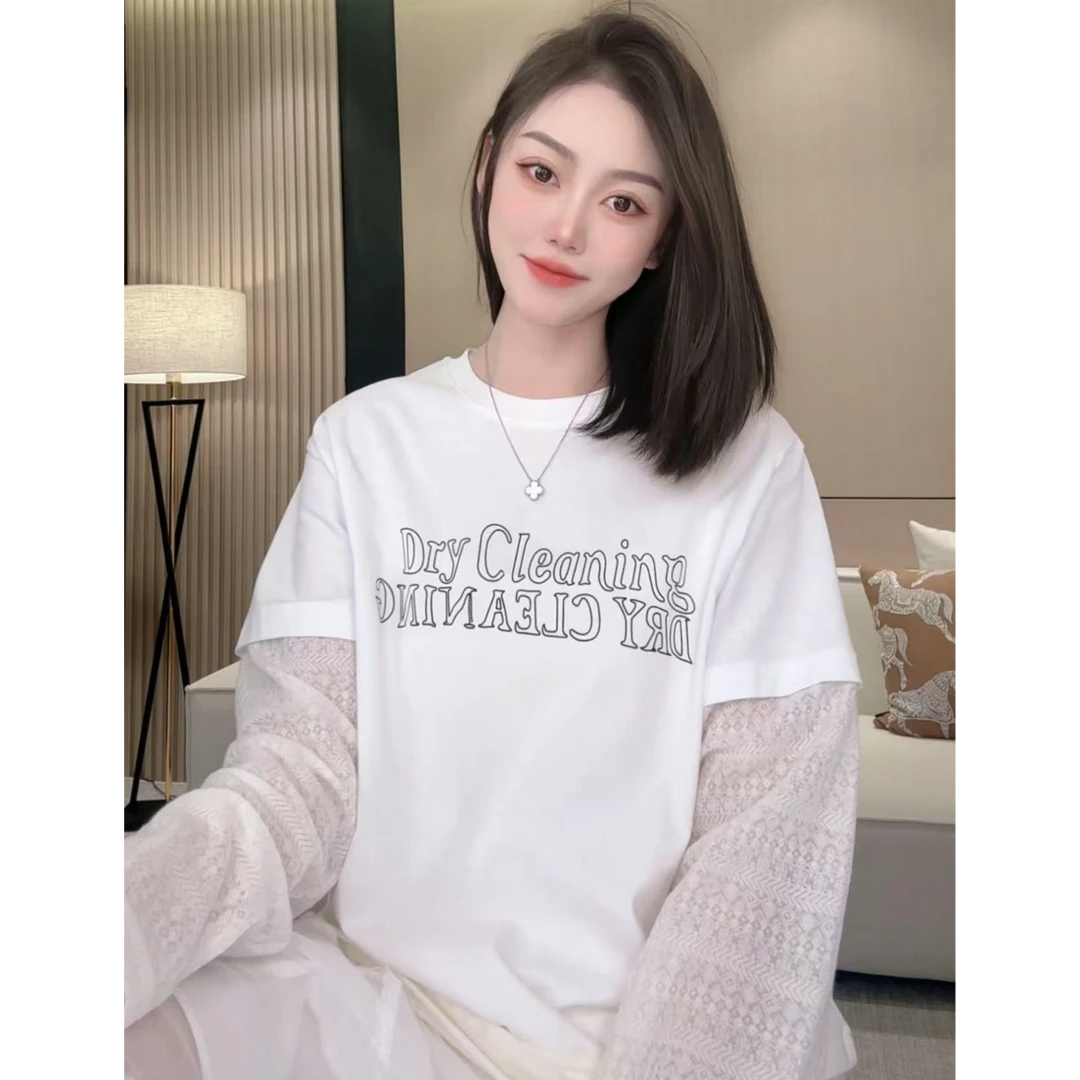 【AILIN】蕾丝拼接长袖时尚百搭宽松假两件印花圆领拼接T恤