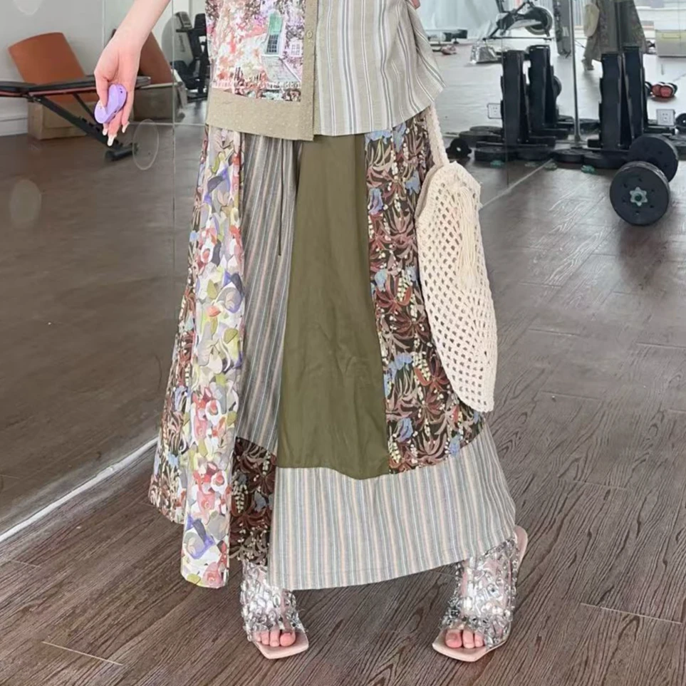 F00183 日本设计师拼接布料碎花气质减龄百搭女士阔腿裙裤