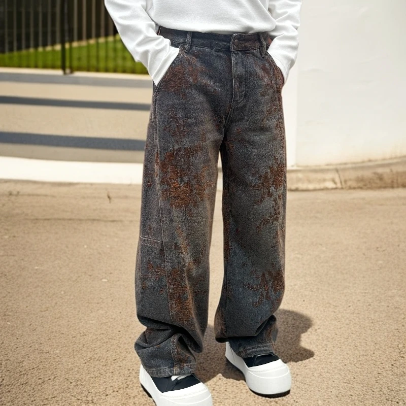 冬季宽松弯刀（内里植绒）提花刺绣复古高街时尚潮流直筒男士牛仔裤