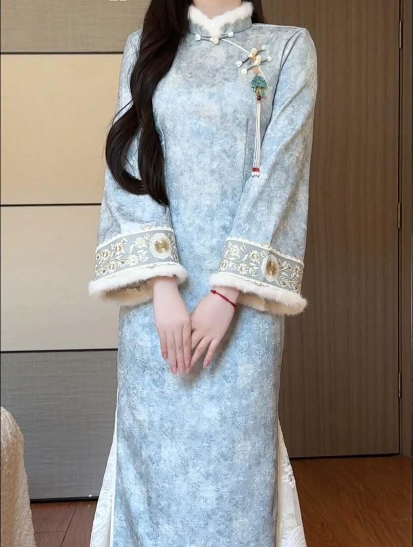 【清晓】2025冬季新款加绒加厚毛倒大袖旗袍刺绣复合提花改良旗袍