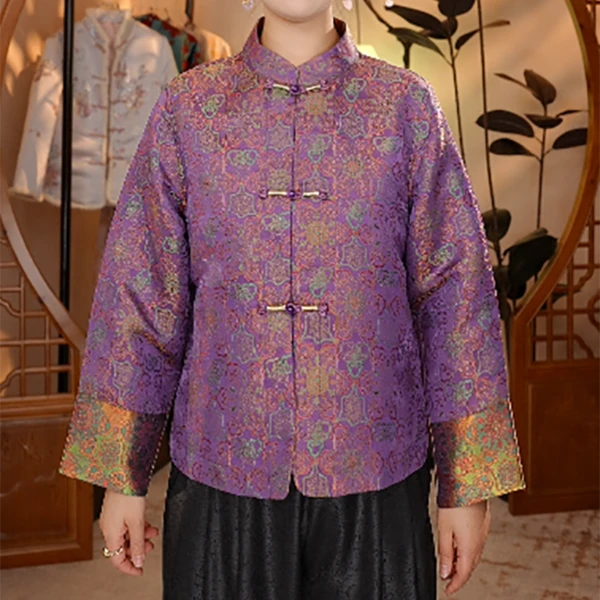 【云裳】紫色亮面新中式复古印花长袖女士ins短款衬衫上衣6805外套