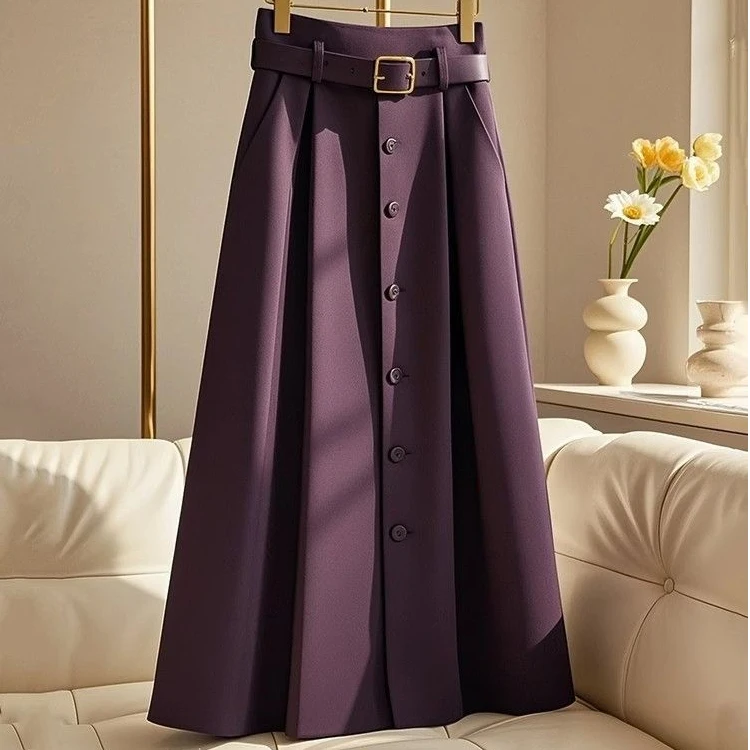 2025新款春秋好看长裙高腰显瘦中长款半身裙裙子紫色半身裙
