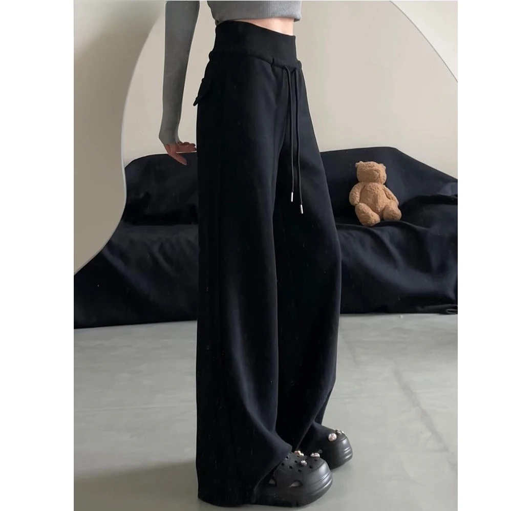 NFV黑色运动裤女春秋季高腰休闲宽松垂感慵懒阔腿裤拖地直筒卫裤