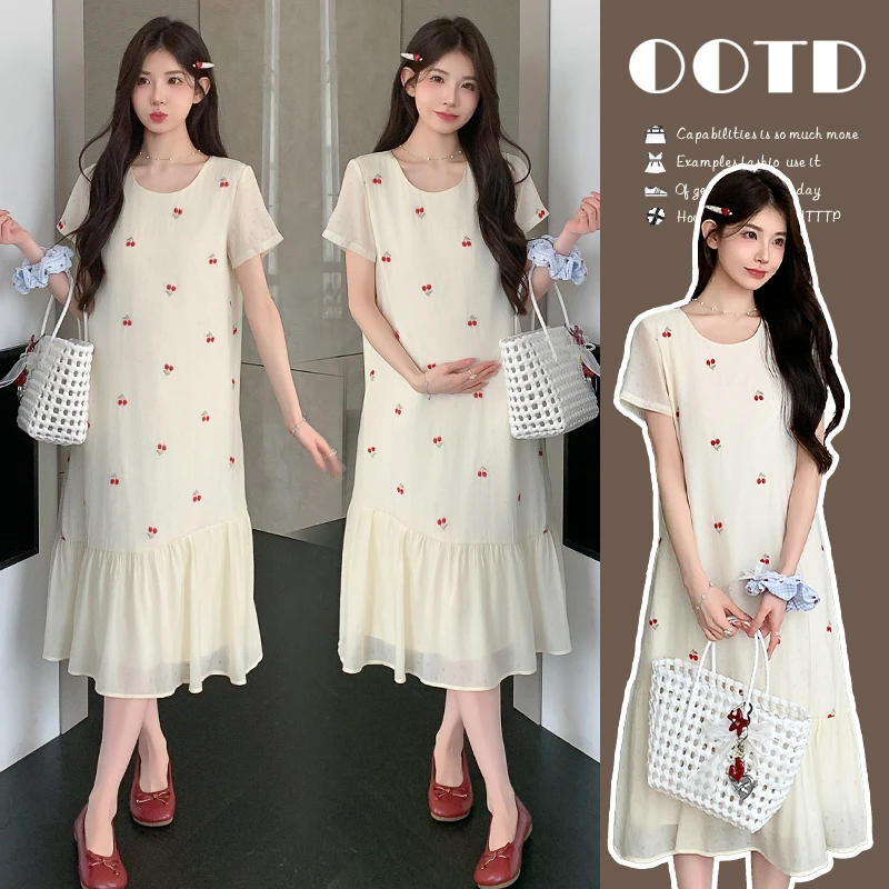 { 糕糕 }孕妇装2025夏季新款法式甜美刺绣网纱拼接夏季短袖连衣裙