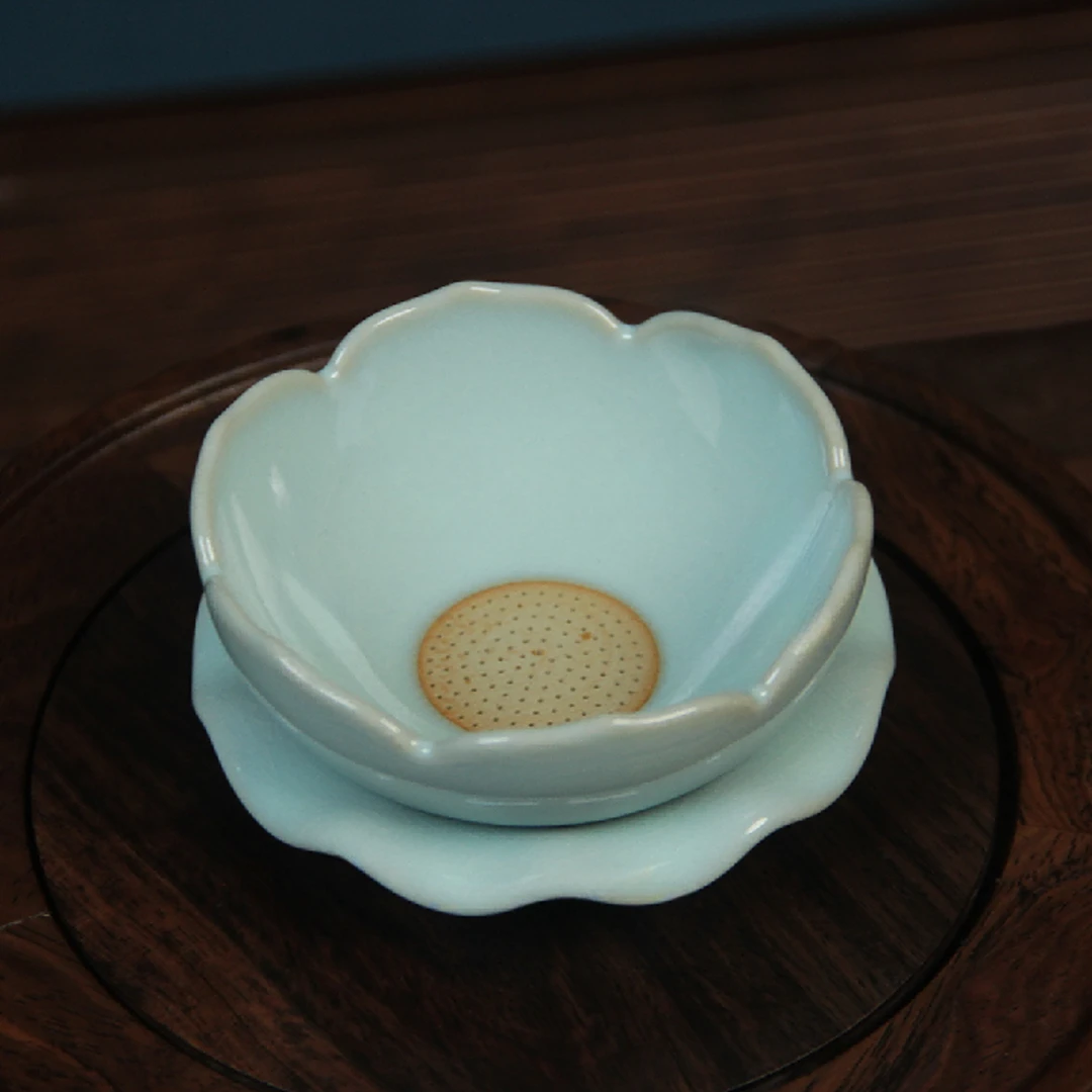 汝瓷天青色茶漏 天青釉莲花造型创意手工冰裂纹青瓷茶道茶具