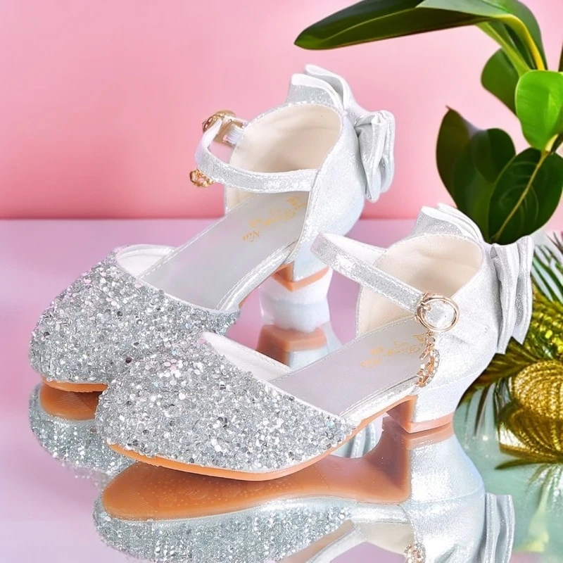 女童公主高跟鞋6-12岁小女孩走秀大童软底儿童洋气学生银色粉色
