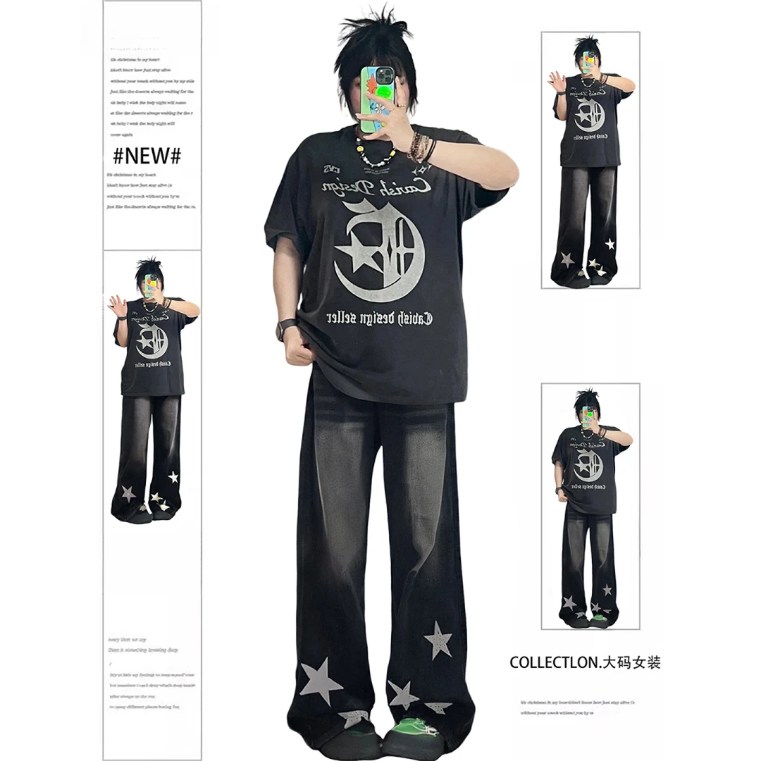 胖mm特大码女装休闲百搭阔腿牛仔裤女星星印花梨型显瘦款直筒长裤