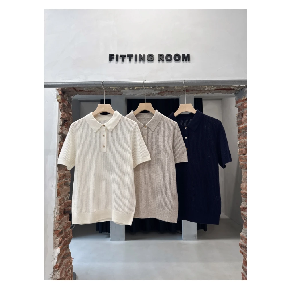 镂空羊毛小翻领针织短袖