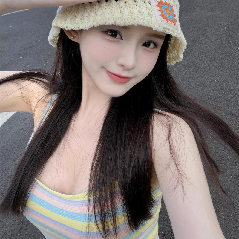 纯欲性感彩虹条纹吊带无袖背心上衣仙女夏季辣妹性感露背弹力紧身
