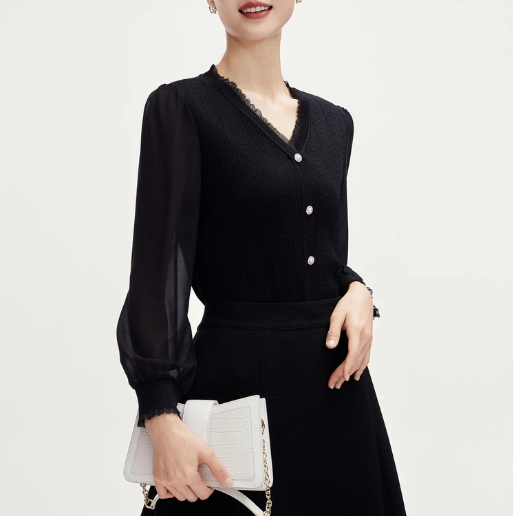 娜尔思时尚气质优雅显瘦长袖V领上衣女春季新款NZ03978R1