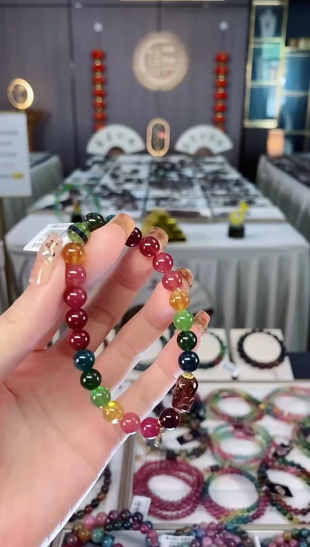 未镶嵌老矿碧玺色标彩虹透体单圈手串7mm+碧玺dan多样性发货一条