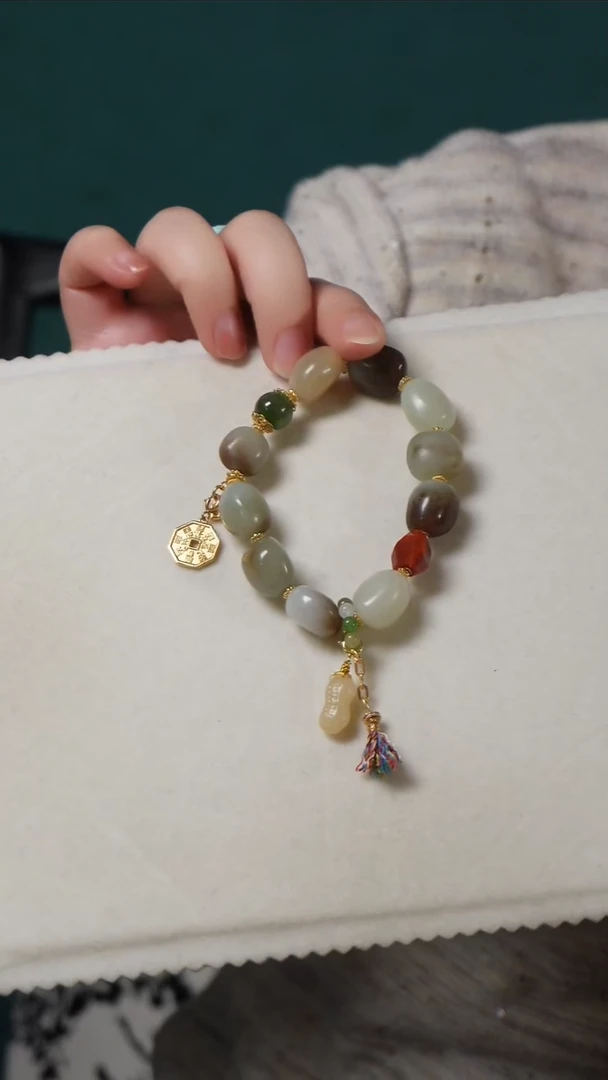 银S925镀金镶嵌手链和田玉（子料）和田玉子料手链有修型