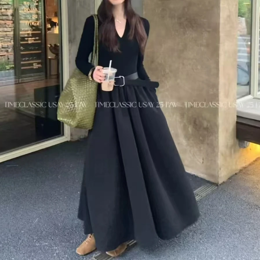 【送腰带】韩版早秋复古高级气质V领长款拼接连衣裙痞帅炸街风女装