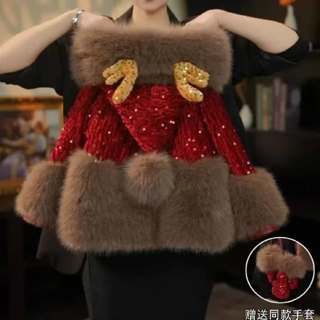 【拜年服外套送手套】女童毛毛外套2025冬装新款女宝宝加绒加厚洋气