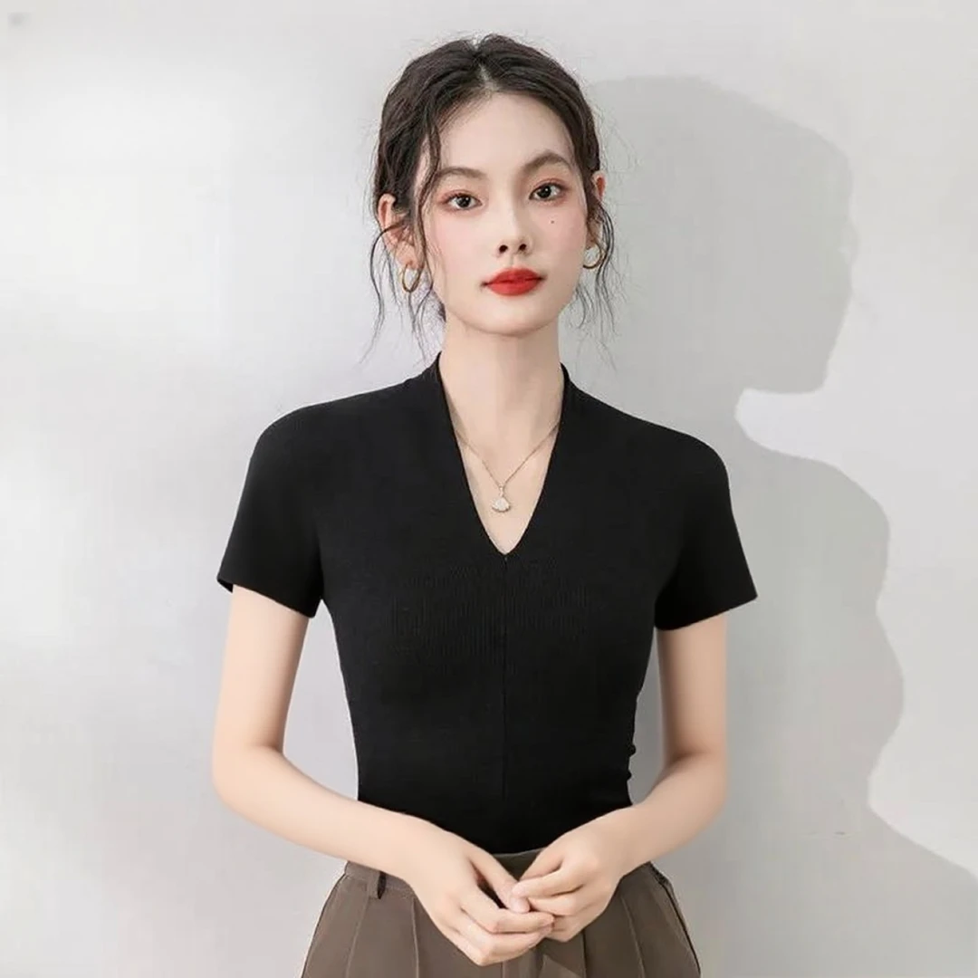v领打底衫女短袖夏秋新款螺纹紧身t恤欧货修身显瘦内搭鸡心领上衣