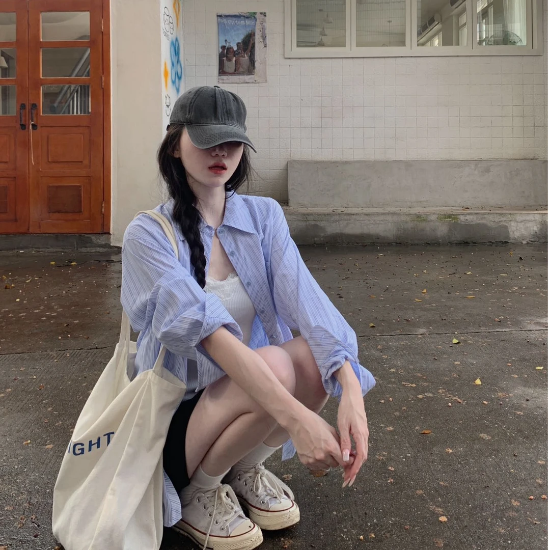 小众夏季衬衫条纹百搭纽扣衬衫袖薄款复古长袖时尚休闲宽松韩版