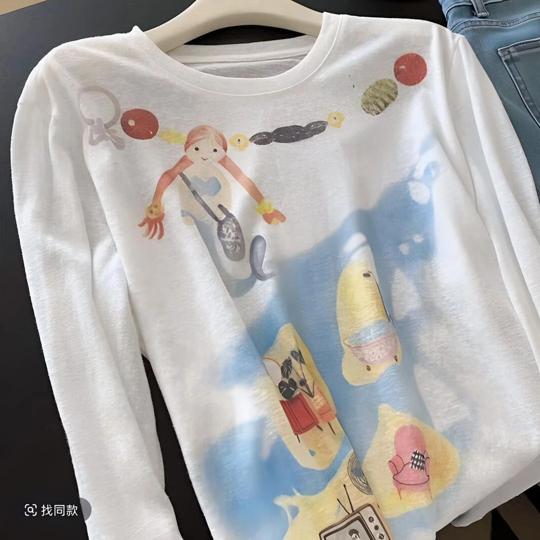 胖mm大码T恤美人鱼印花百搭上衣甜美彩色碎花花苞