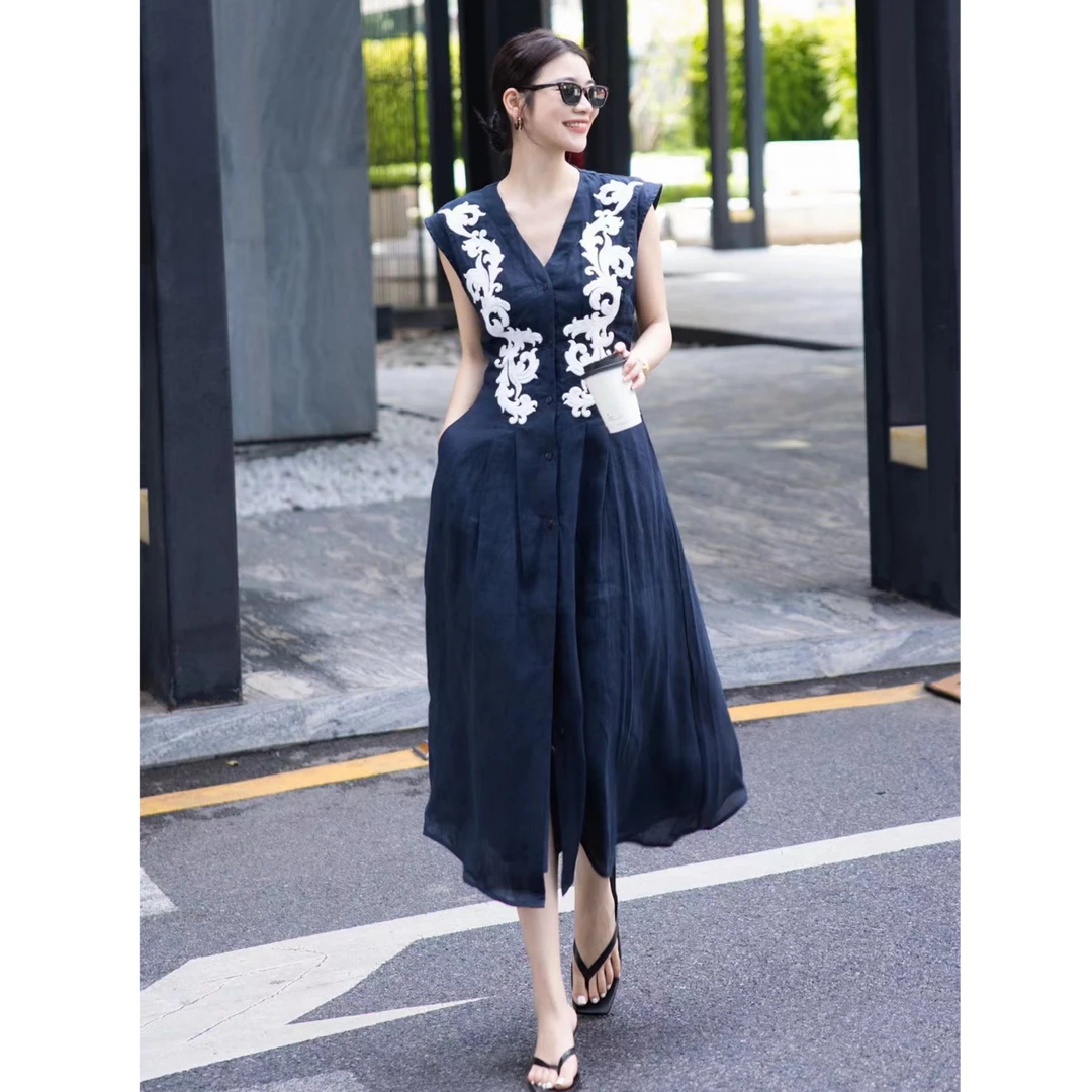 ZEROYK法式优雅连衣裙2025夏季新款重工绣花亚麻高腰大摆长裙