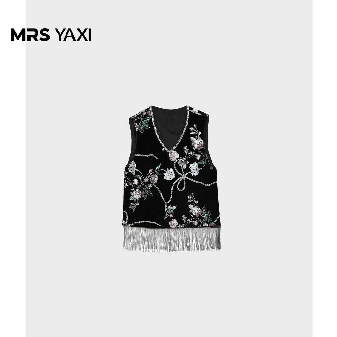 Mrsyaxi原创重工刺绣V领珠片马甲新中式流苏上衣YX5010301