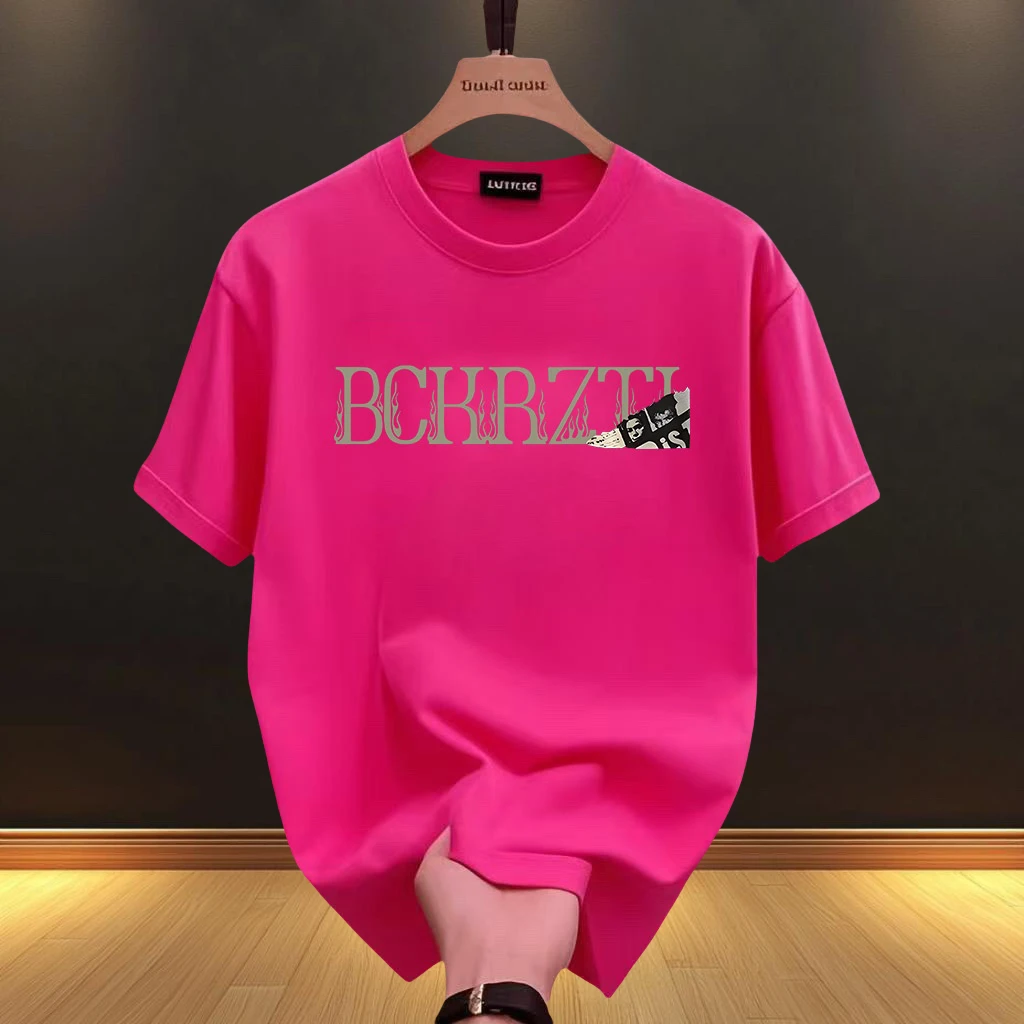 2025多巴胺T恤纯棉男士潮流字母印花玫红美式短袖休闲百搭半袖T恤