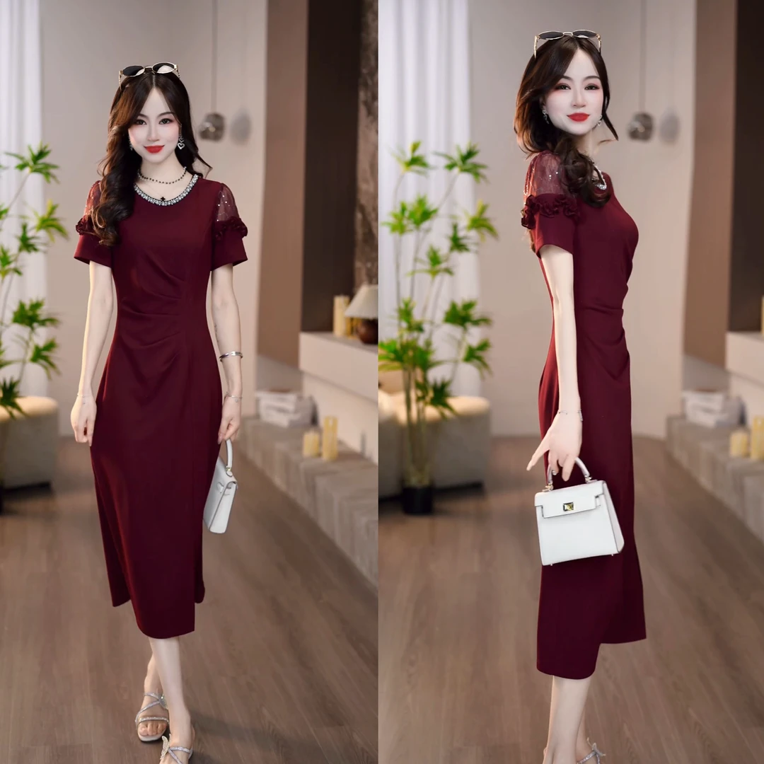 2025夏季新款酒红色名媛范肩部蕾丝镂空经典礼服连衣裙M-4XL