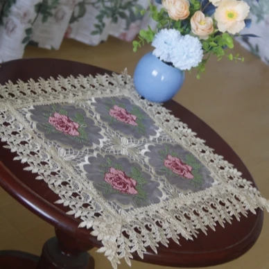 ZN029-2玻璃纱【40*40]咖红十字绣高织高密玻璃纱水溶花桌布