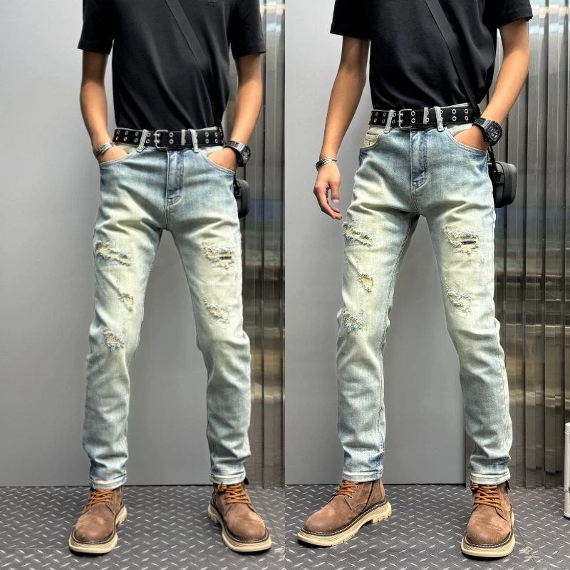 男裤微喇新款做旧复古修身青年百搭潮流显瘦潮牌感裤子休闲通勤