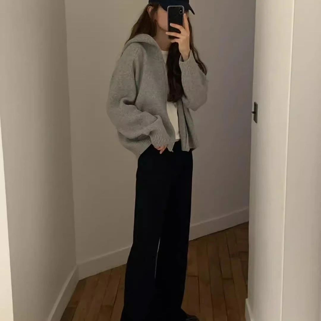 OUNCE 松紧腰微喇休闲裤2024新款黑色长裤高级感韩版显瘦女裤