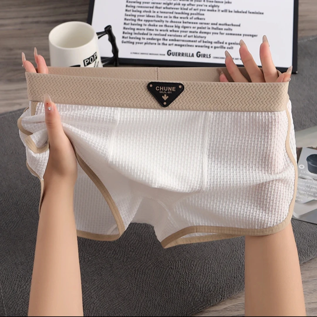 新款男士四角冰丝内裤潮流个性时尚简约男士平角短裤裤头中腰内裤