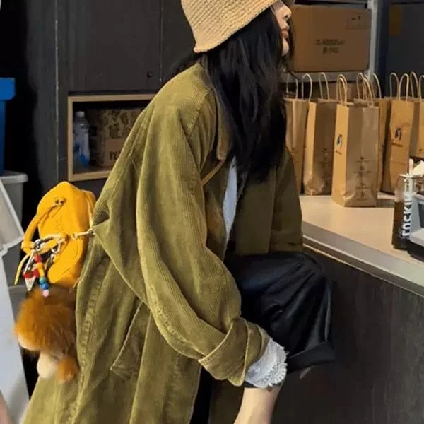 秋装新款休闲复古港风中长款宽松长袖百搭慵懒风灯芯绒风衣女外套