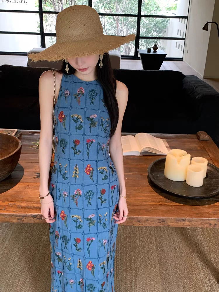 Thecoco 复古蓝植物刺绣原创无袖连衣裙女春夏百搭半身裙套装