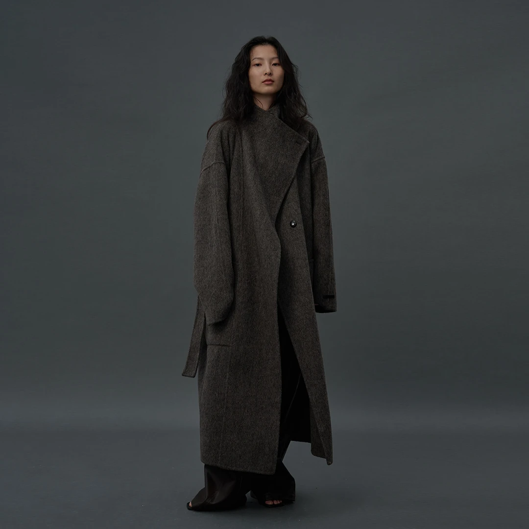 ZUM 不对称设计深灰色骆驼绒双面呢外套羊毛呢子大衣女长款英伦