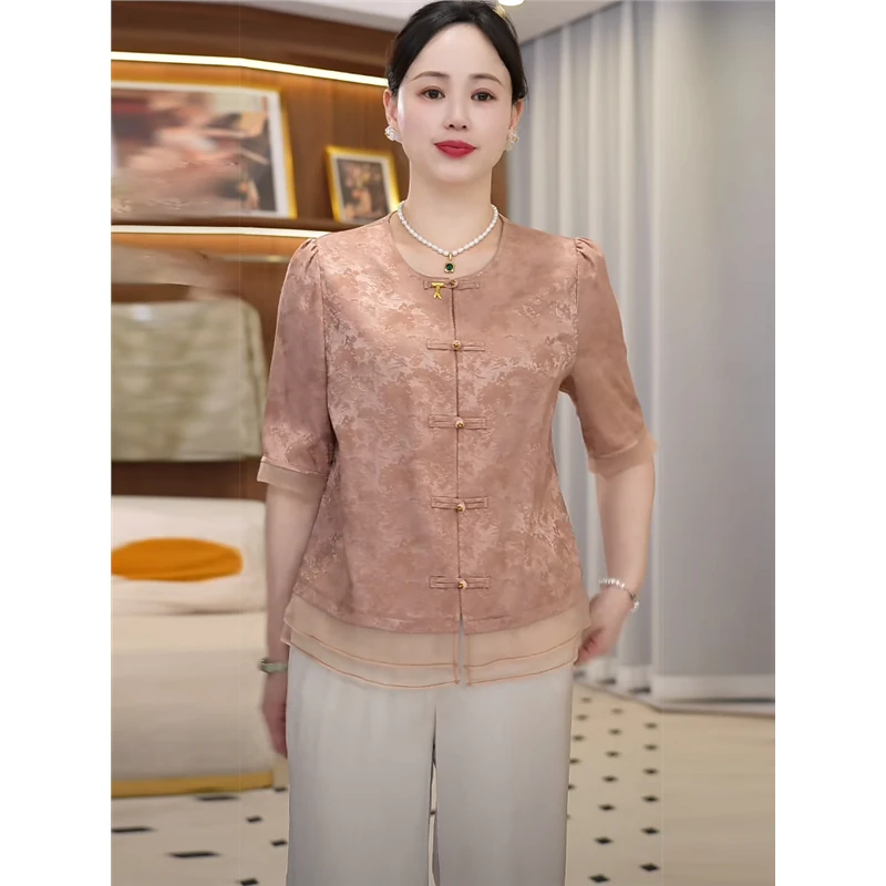 江南妈妈装夏季优雅小衫套装中老年女国风宽松大码上衣两件套