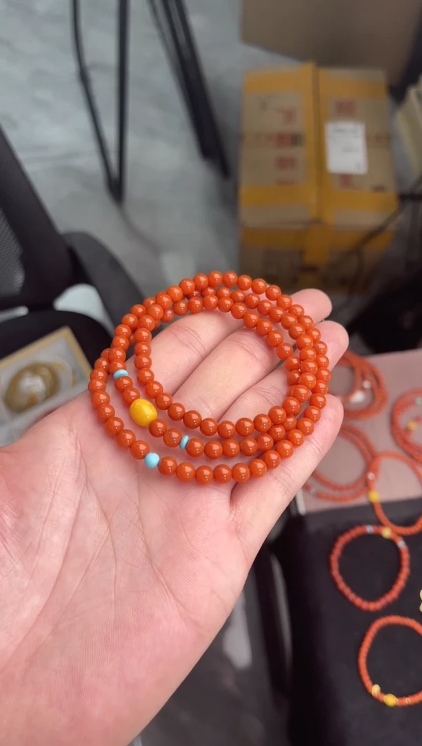 未镶嵌手串南红玛瑙柿子红满色满肉三圈蜜蜡QF-C83（多样性发一）