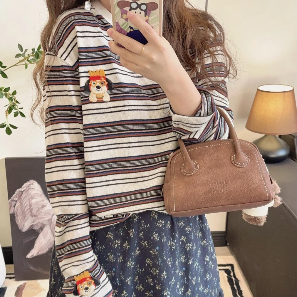 纸袋家春季「超萌刺绣彩条対条打底衫」1157俏皮显瘦软糯长袖T恤