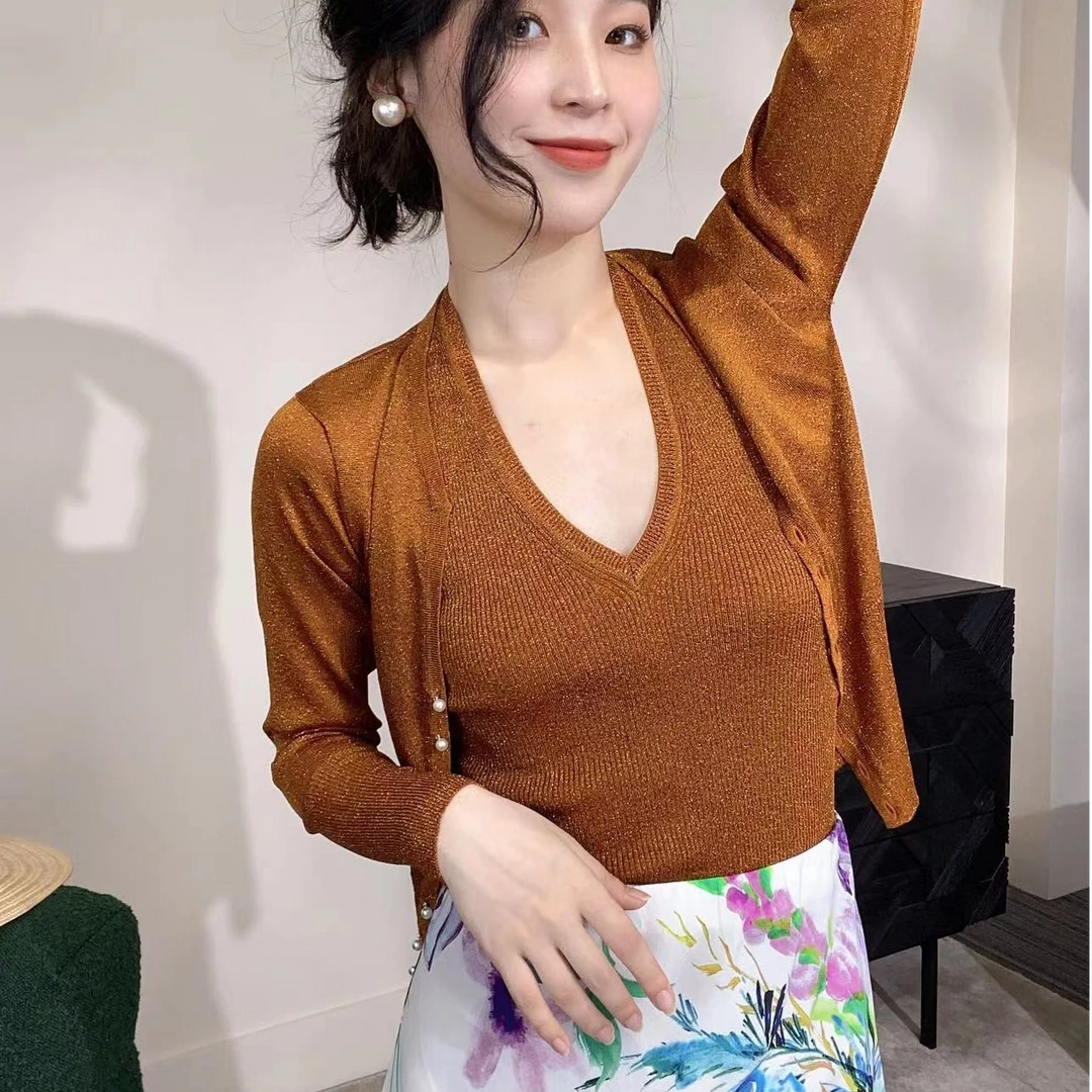 Daily Romance搭配利器进口闪光纱修身显瘦高腰珍珠扣细腰开衫