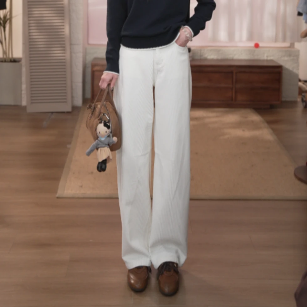 【100%棉】茵曼秋冬时尚高腰百搭休闲裤宽松垂感显瘦外穿白色长裤