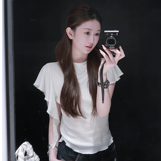 (莱赛尔天丝)轻薄透气！荷叶边短款短袖T恤女夏季修身显瘦百搭上衣商品图