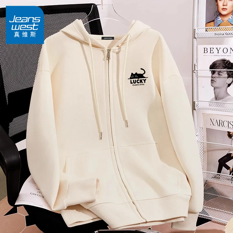 真维斯猫猫风青少年外套男女款休闲宽松连帽衫学生春秋季可爱开衫