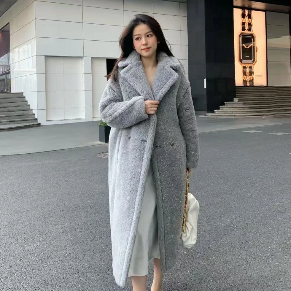 99新 MaxMara 2509131/S码/双排扣银丝混纺中长款泰迪大衣