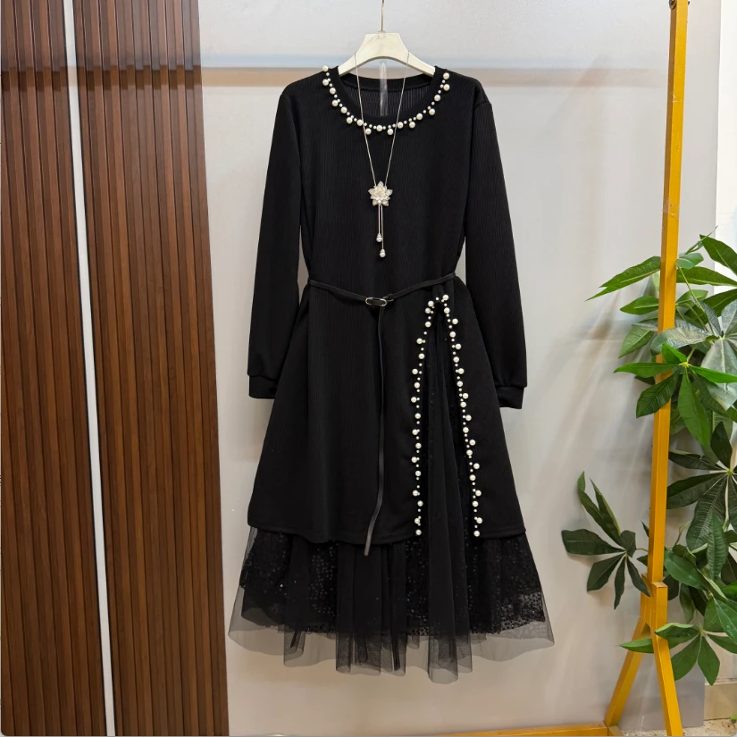 新款大码欧货时尚气质黑色名媛风重工钉珠点缀长款开叉裙十半身裙