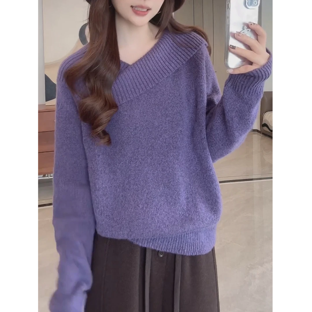 大码不规则一字肩毛衣女2025新款爆款早秋高级感洋气针织衫上衣潮