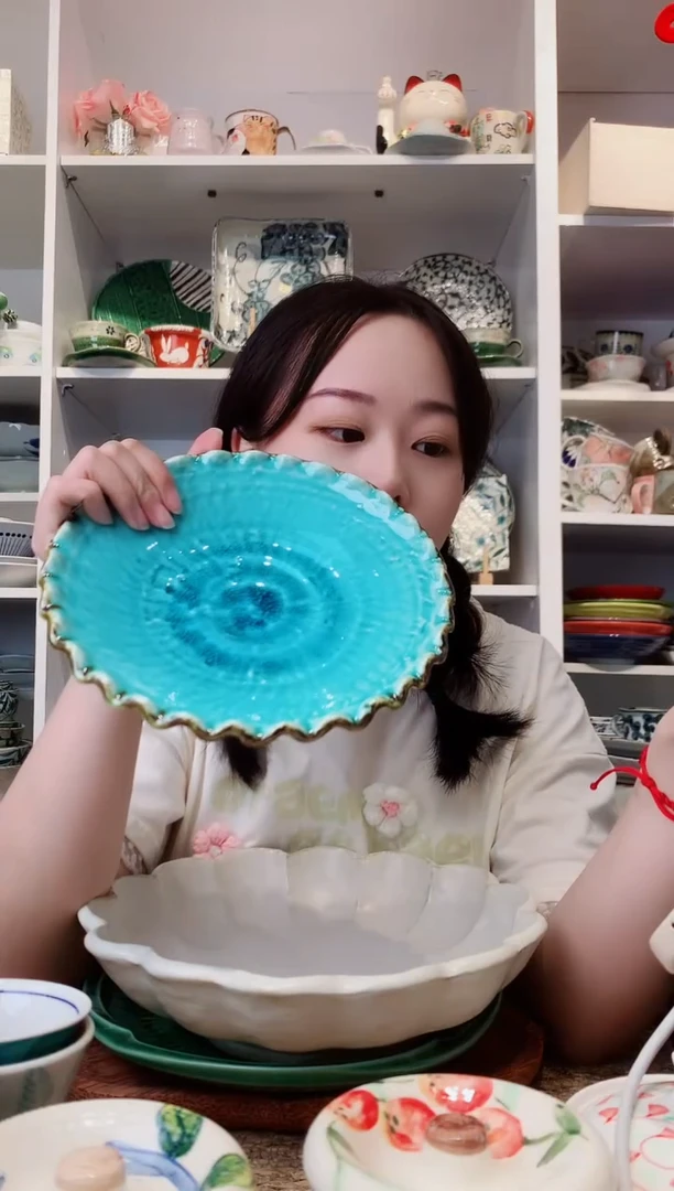 陶瓷【孤品】濑户烧手作冰裂纹湖水蓝高脚盘