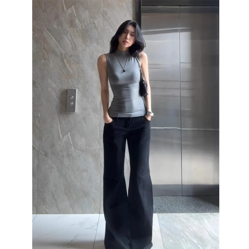 美式辣妹灰色半高领无袖背心女夏季高级感别致修身显瘦百搭上衣潮