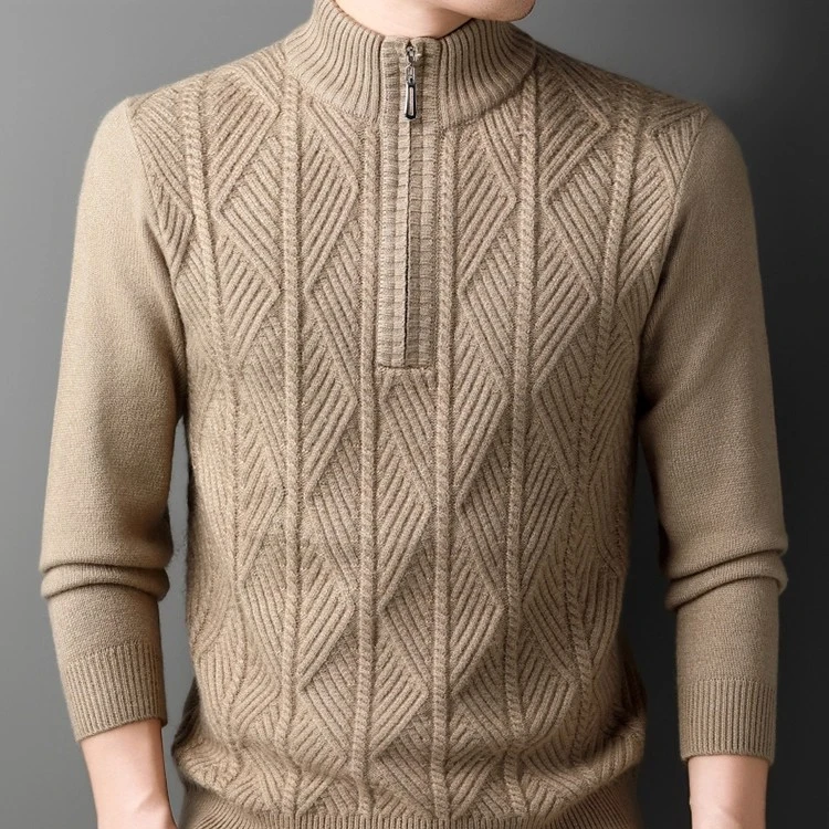 2025男士针织毛衣秋冬季加厚半拉链套头毛衫时尚提花宽松保暖上衣