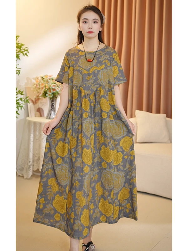 夏季新款复古风圆领宽松连衣裙收腰碎花显瘦气质修身薄款长裙107