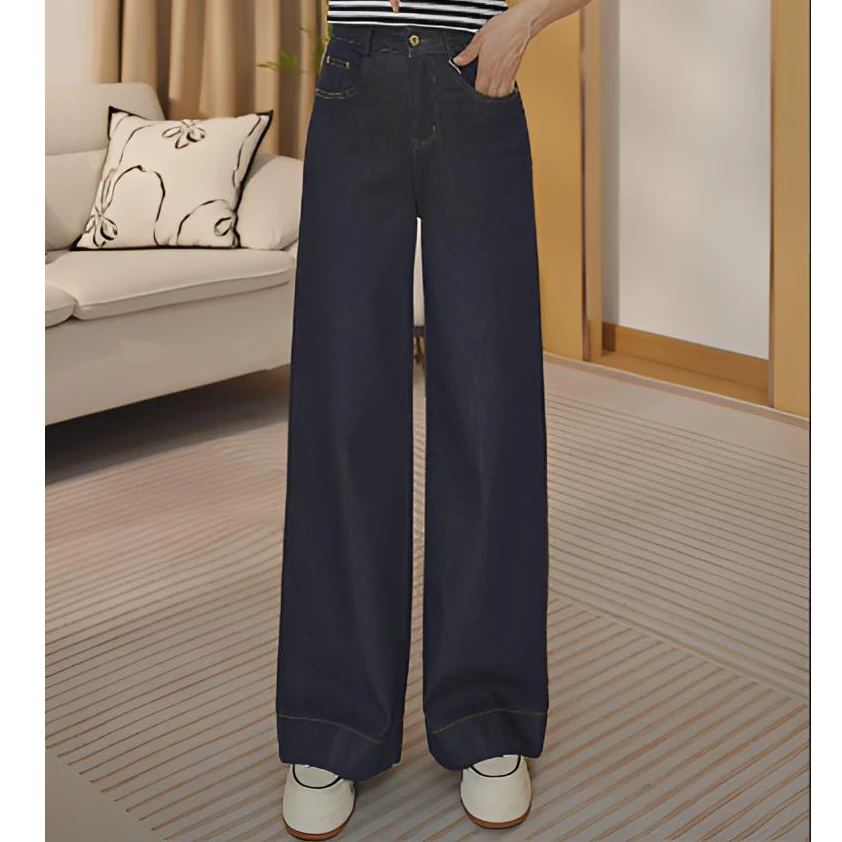 蓝牛仔裤女款2025新款深蓝色宽松微喇直通牛仔裤